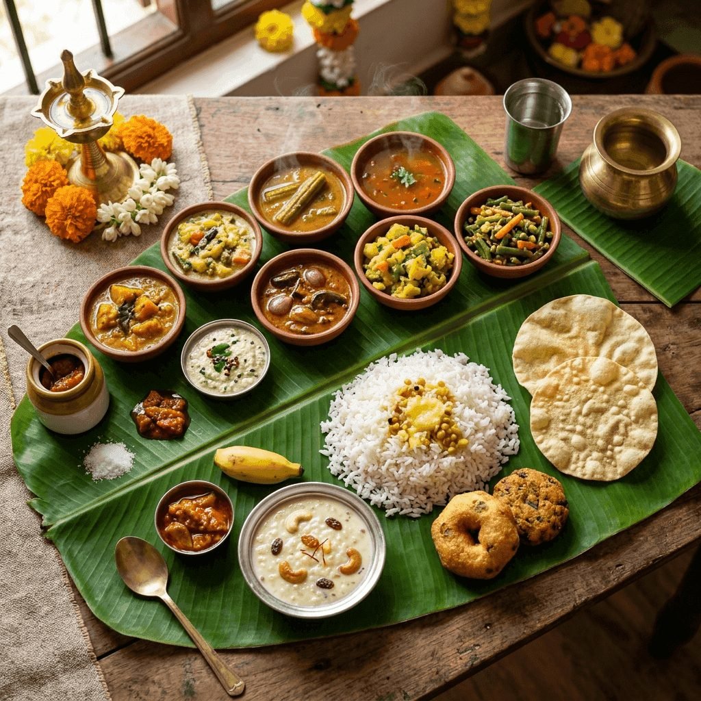Grand South Indian festive thali meals served on banana leaf
