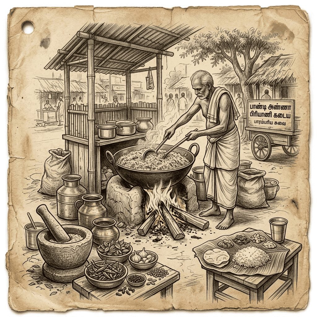 Collage showcasing authentic Tamil Nadu traditional cooking methods, spices, and heritage kitchen elements at Sivakannan Restaurant