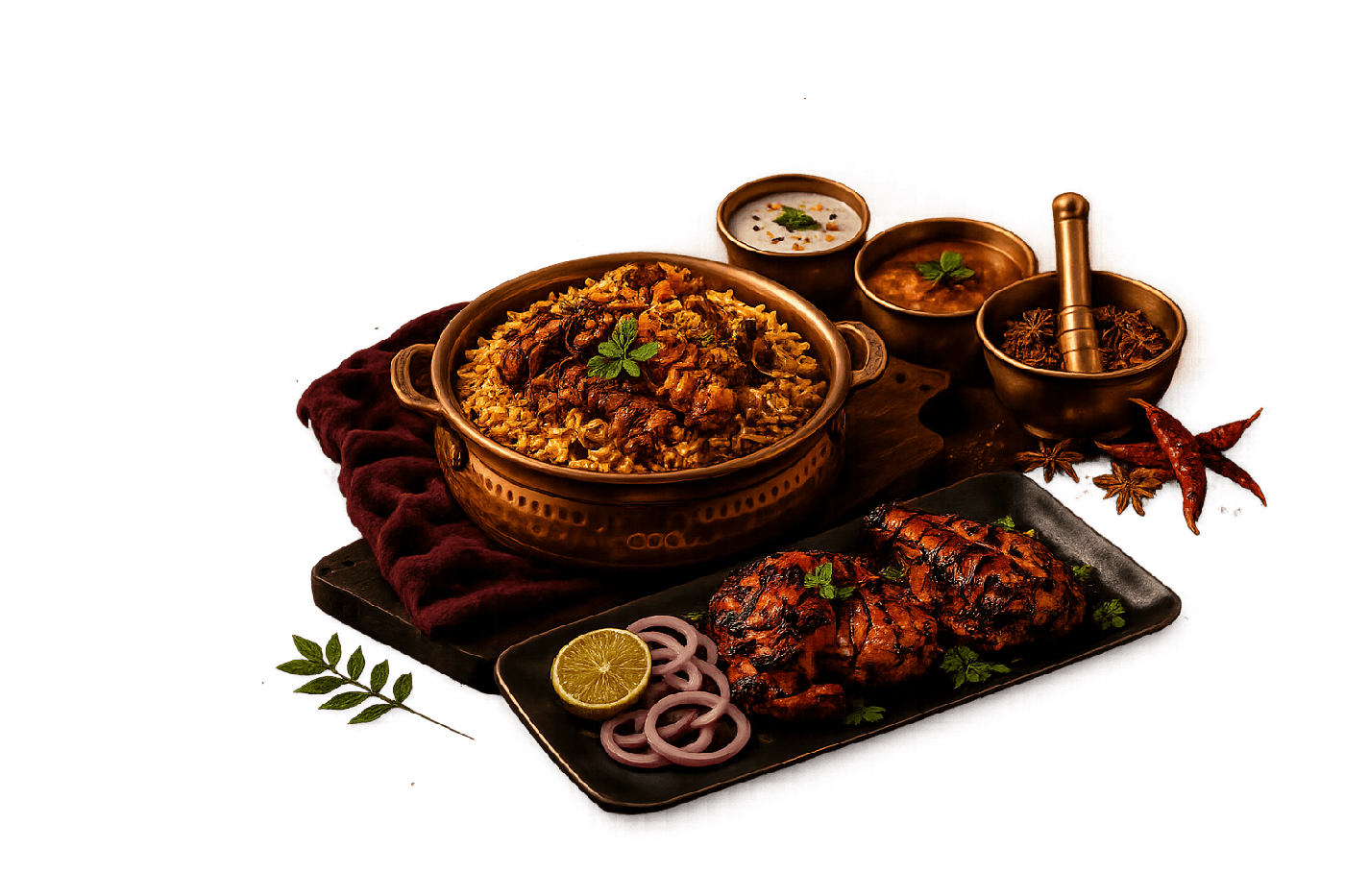 Authentic Tamil Nadu feast featuring biryani, grilled chicken, and traditional curries